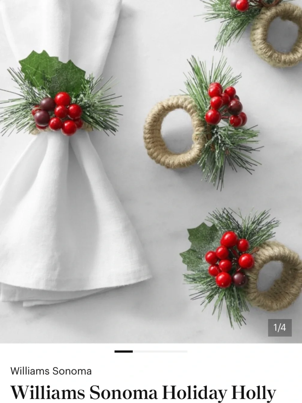 Williams Sonoma Holly Berry Napkin Rings Set of 4 NWT
